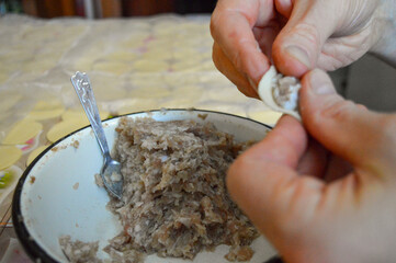 close-up of hands shaping a homemade dumpling pelmeni with a meat filling bowl spoon traditional cooking preparation recipe tutorials cultural family cuisine pelmeni making meals Slavic Eastern Europ 