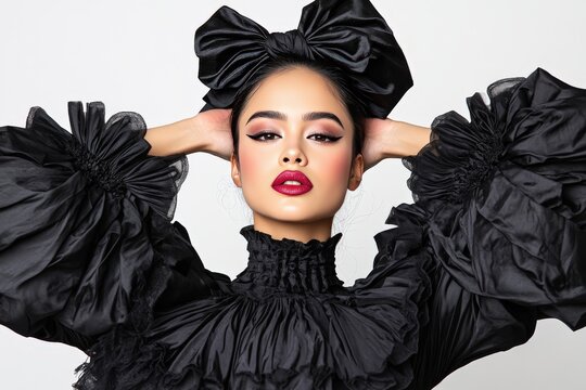 High fashion woman in dramatic black ruffled gown with bold confident pose avant garde style and elegant couture aesthetics in luxury portrait photography