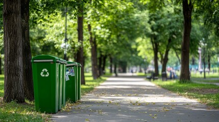 Park pathway with green bins and trees