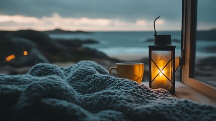 A cozy corner with a soft blanket tea and a lantern in a minimalist cabin on beach background