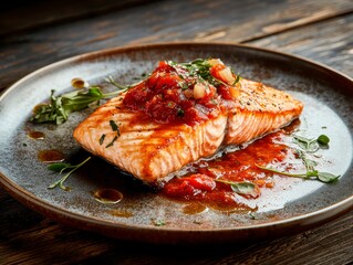 Grilled Salmon Fillet with Tomato Salsa Garnish Elevates Restaurant Dining Experience.