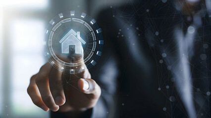Futuristic Macro Image: Hand Holding Holographic Home Icon Symbolizing Comfort, Security, and Happiness in Remote Work - Advanced Technology Photo Stock Concept