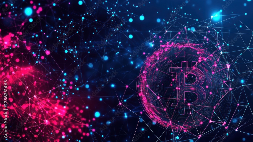 Poster bitcoin technology network with blockchain and decentralized finance concept