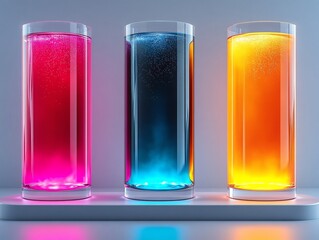 Fototapeta premium Vibrant colored liquids glow brightly in tall glasses a striking visual aesthetic. AI Generated