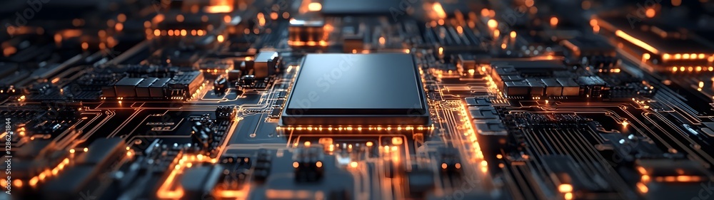 Poster futuristic glowing circuit board texture with illuminated microchips processors and other electronic