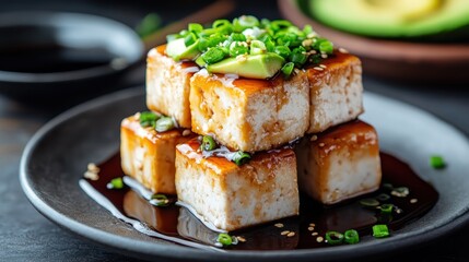 Stacked glazed tofu garnished with sliced avocado and drizzled with dark sauce, emphasizing a delightful blend of textures and flavors, perfect for a healthy meal.