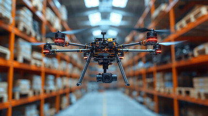A smart robotic warehouse system with drones handling inventory logistics