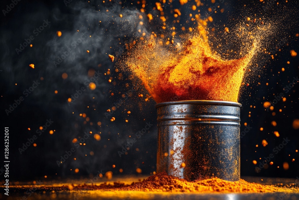Poster a can of spices with a splash effect, captured in a studio setting,