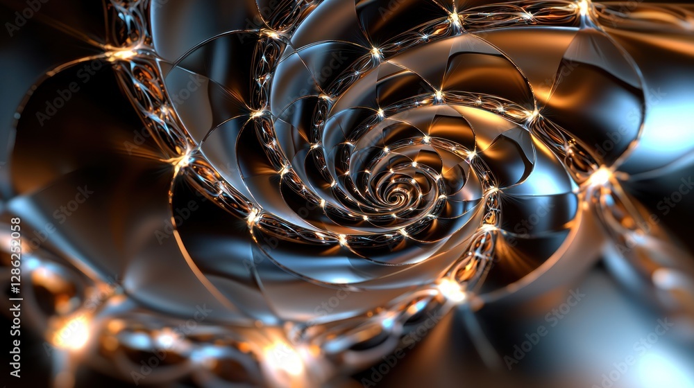 Wall mural intricate spiral design showcasing metallic textures and glowing elements in a mesmerizing pattern