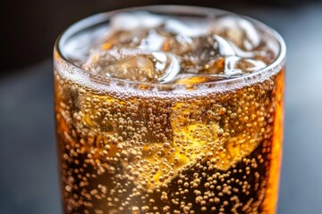 A close-up of a carbonated drink with bubbles rising to the surface,