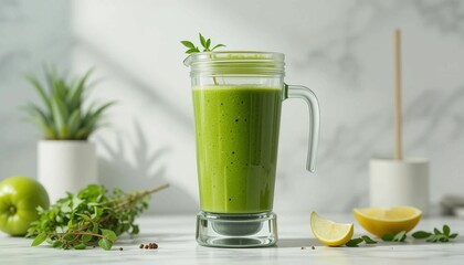 glass of fresh juice, Green Smoothie Blender with Soft Shadw.