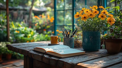 A creative outdoor workspace in a backyard garden, with a notebook, a pen, and flowers in bloom, capturing a calm and inspiring environment, 