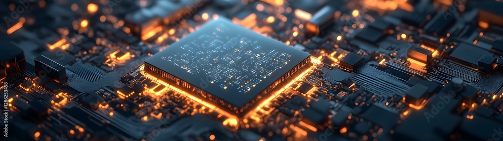 Poster Futuristic glowing electronic circuit board with complex microchip and processor design in dark color palette  Advanced digital computer intelligence and automation concept