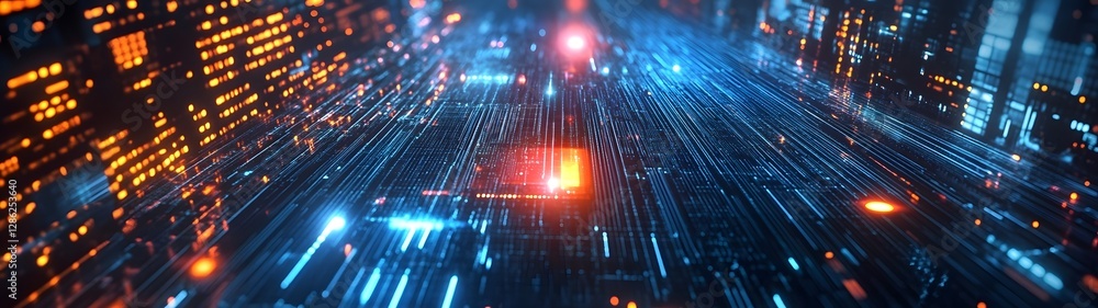 Poster Futuristic glowing digital trails motion blurred rays of light and luminescent streams of energy in an abstract technological background  High tech hi speed