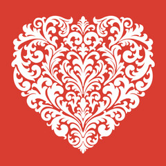 Decorative heart-shaped design, intricate white shapes on red background. Symmetrical damask-style ornamentation creates romantic, elegant, vintage, aesthetic valentine. Love sign, marrige celebration