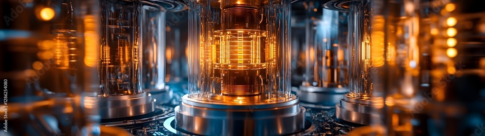 Poster Futuristic glowing metallic tubes and circuits in an industrial style interior design  Abstract pattern of high tech electronics and engineering components with a cyberpunk modern