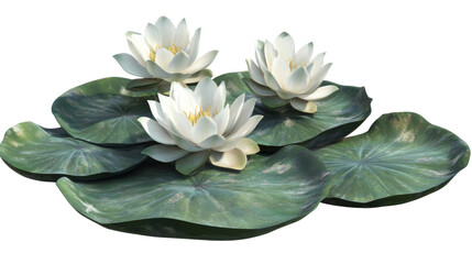 Graceful white lotus flowers on green lily pads transparent background png nature scene peaceful environment