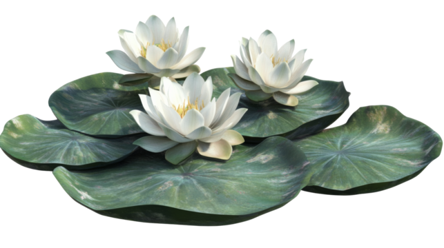 Graceful white lotus flowers on green lily pads transparent background png nature scene peaceful environment