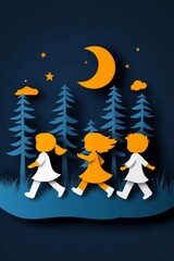Stylized night scene with children holding hands under crescent moon among tall trees fairy tale atmosphere with glowing stars symbolic of childhood innocence friendship unity digital illustration