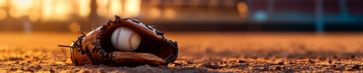 Leather baseball glove cradling a pristine ball rests on the infield dirt at sunset evoking a sense of nostalgia for America's favorite pastime.