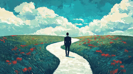 person walking on winding path through vibrant landscape, surrounded by flowers and clouds, symbolizes journey to success