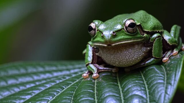 Close-up video of a vibrant green frog on a leaf, captured from a low angle, highlighting its texture and natural habitat in vivid detail.