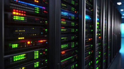 Fototapeta premium Close-up view of illuminated server racks in a modern data center with colorful indicators