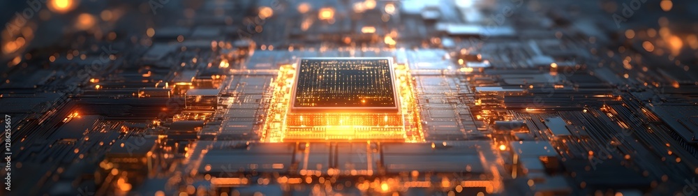 Poster Futuristic glowing microchip with intricate circuits and luminous patterns in an abstract digital background representing the power and complexity of advanced intelligence and computational systems