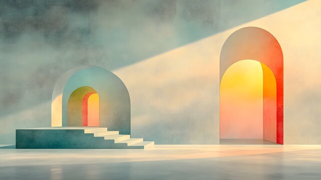 Abstract Architectural Scene with Colorful Arches and Light Play