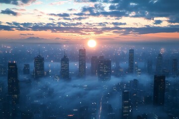 Fototapeta premium City skyline view with clouds and overcast sky at dusk or dawn with urban buildings