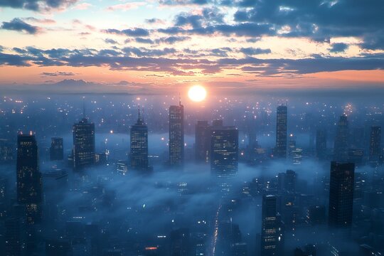 City skyline view with clouds and overcast sky at dusk or dawn with urban buildings - Powered by Adobe