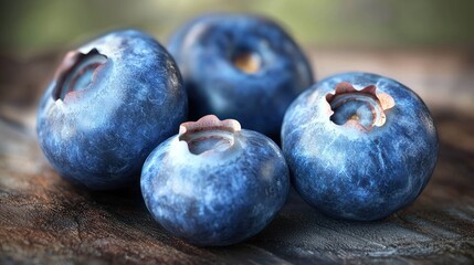 Obraz premium Fresh blueberries arranged on a rustic wooden surface with a natural green background
