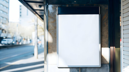 Mockup white paper or white sticker poster displayed on a sidewalk wall. Promotion information for marketing announcements and details with clipping path. concept as Mockup of white paper or sticker p