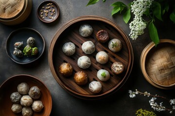 Assorted Steamed Dumplings On Wooden Steamer, Overhead View of Food Dishware and Utensils in Restaurant Style Cuisine Dishes and Appetizers With a Dark Background, Flat Lay and Top View of Tasty and