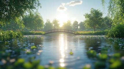 Fototapeta premium A stunning bridge over a flowing river adorned with vibrant flowers and lush trees