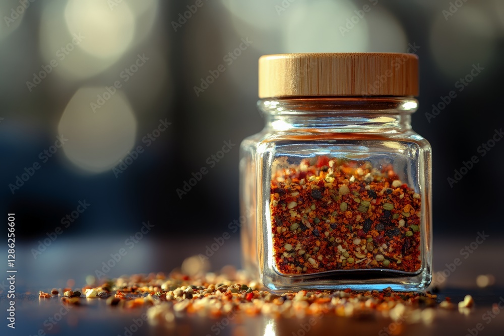 Poster a close-up of a spice jar with a studio light reflection on its surface,