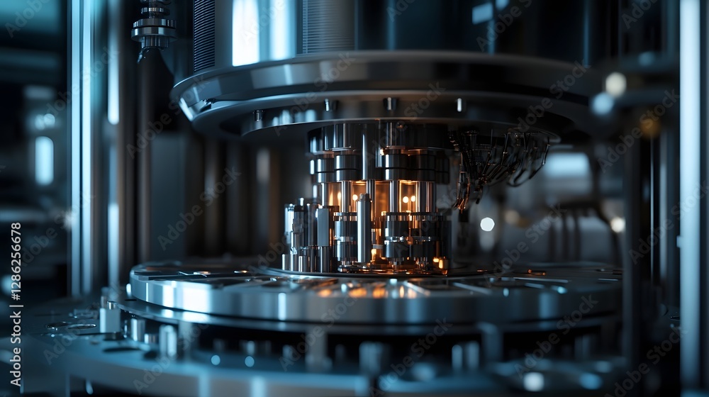 Poster Futuristic high tech laboratory setting featuring complex machinery sophisticated electronic components and cutting edge scientific equipment  The image conveys a sense of innovation