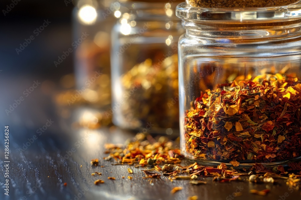 Poster a close-up of a spice jar with a studio light reflection on its surface,