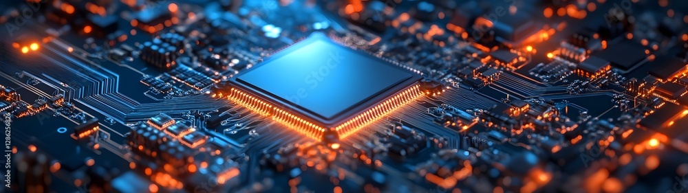 Poster Futuristic illuminated circuit board with glowing microchip and digital technology concept  Intricate electronic engineering computer hardware and energy innovation background
