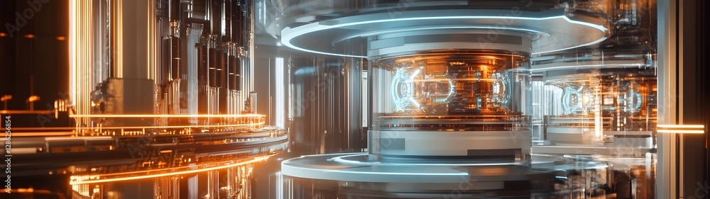 Poster Futuristic high tech machinery advanced engineering automation and sophisticated digital technology in a metallic abstract interior with geometric patterns and illuminating lights