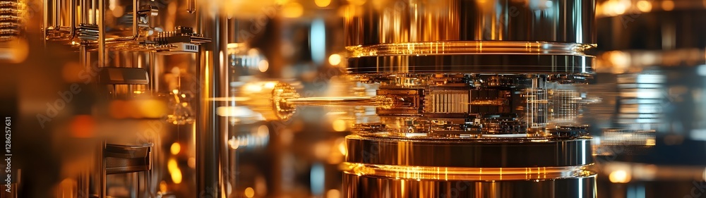 Poster Futuristic metallic technology circuit board backdrop with glowing illuminated copper golden and chrome elements  Blurred depth of field effect creates a dynamic