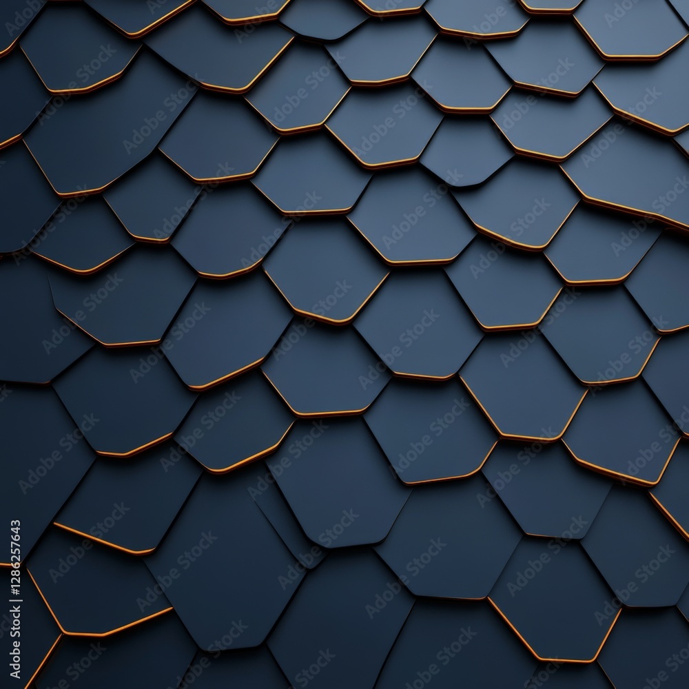 Poster dark hexagonal metal pattern with golden edges forming futuristic geometric structure in industrial 