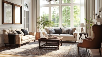 Fototapeta premium Urban style living room featuring modern furniture and orange chairs