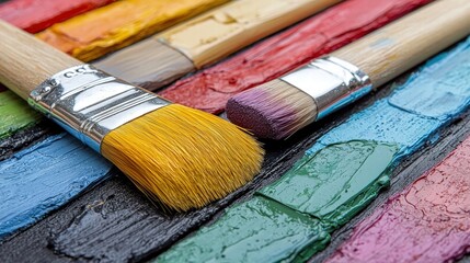 Fototapeta premium Colorful assortment of paintbrushes arranged on a wooden table, showcasing artistic tools