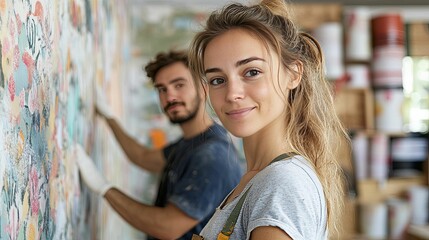 Young woman artist smiling near colorful wall art