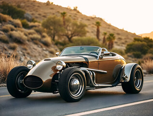 Beautiful vintage hot rod parked on the road, automotive background, tuning template, auto transport