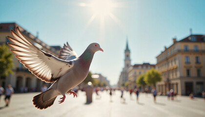 Flying pigeon in urban street