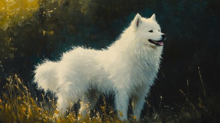 Fototapeta premium White Samoyed Dog in Field Artistic Painting Canine Portrait