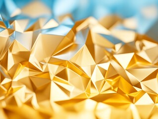 Golden and blue crystalline geometric surface with sharp edged facets forming a futuristic high tech abstract pattern inspired by advanced material science and digital aesthetics