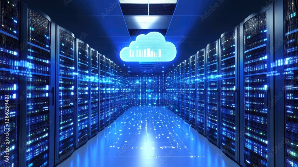 Poster cloud computing data center, a network of servers and digital technology